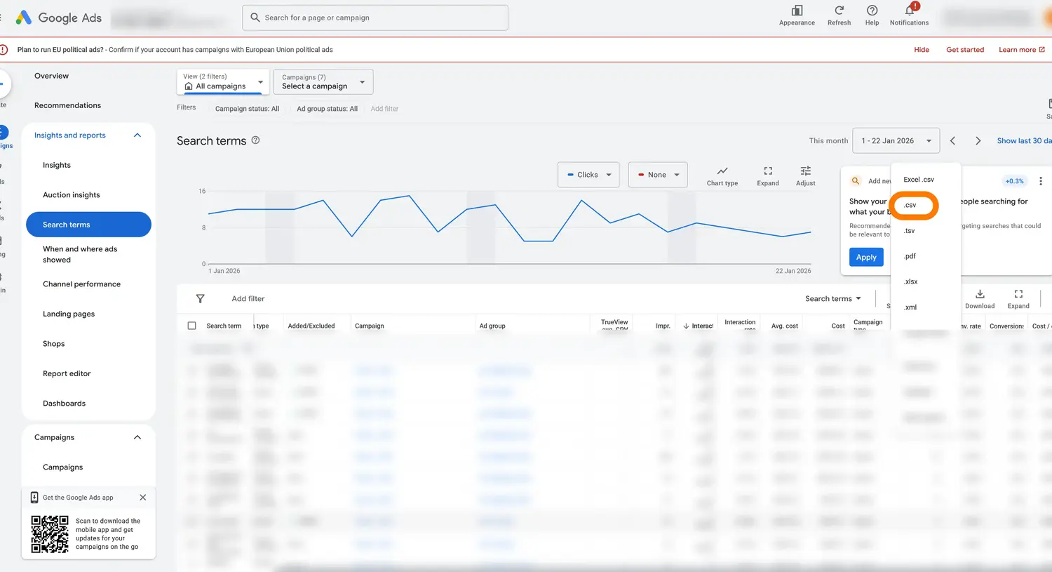 Download search terms as CSV